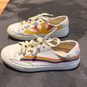 Soludos Ibiza Leather Sneakers Rainbow Embroidered White Lace Up Shoes 7
